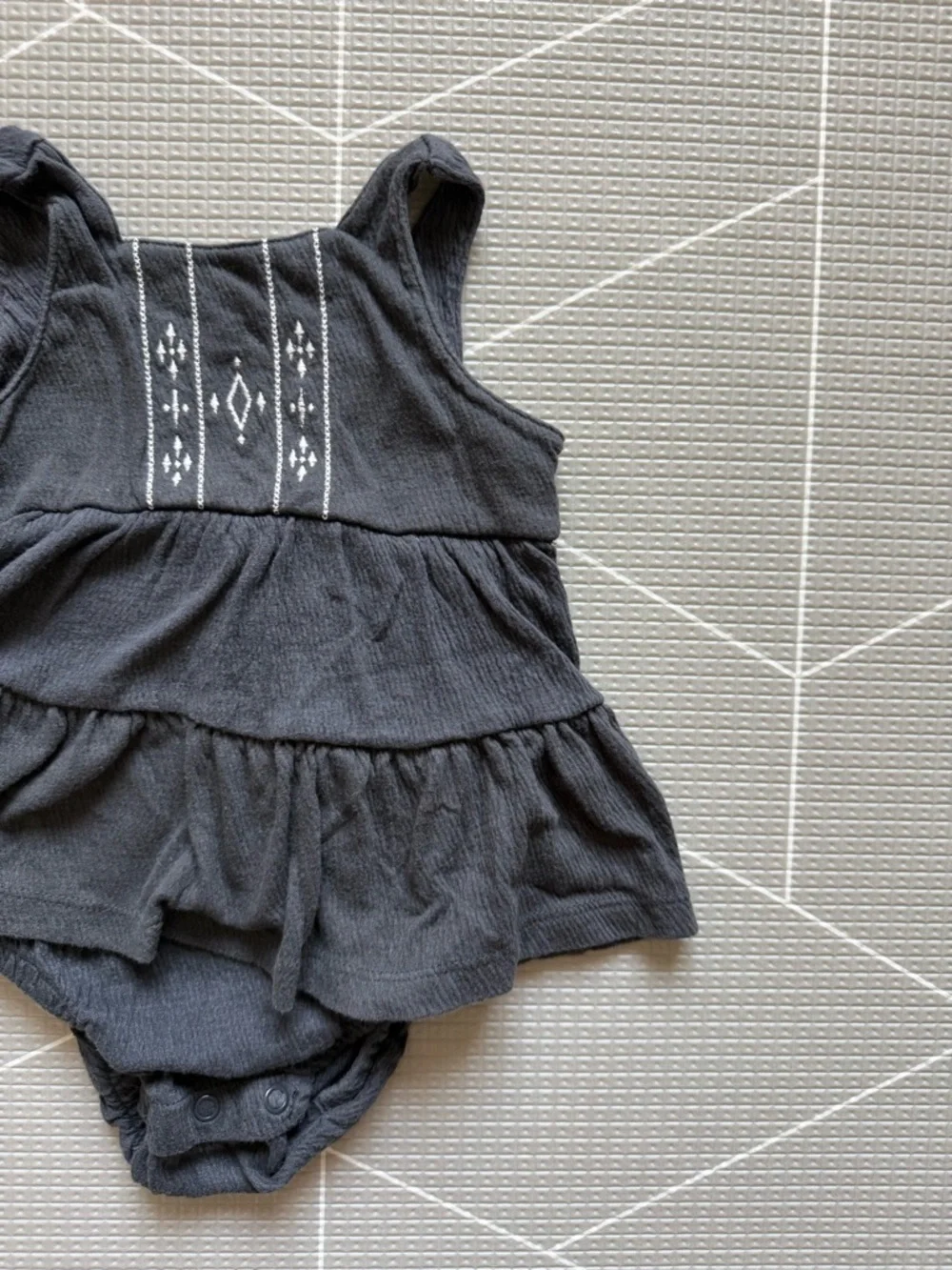 Carters|Baby girl Charcoal gauzy knit onesie Dress with White Embroidery•Boho